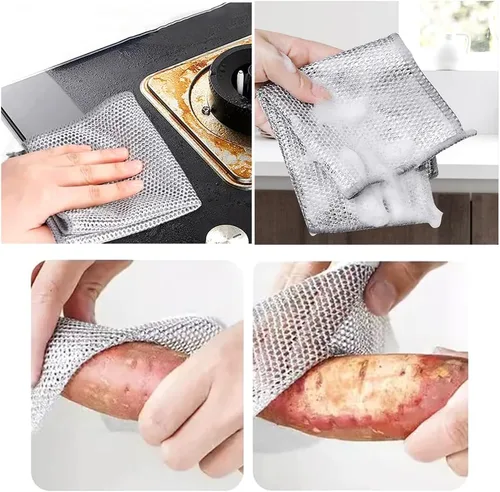 Miniatura 3 de 5 paños de limpieza de alambre de acero inoxidable de doble capa para cocina No raya, secado rápido, alambre metálico, 7.9x7.9 in, dos capas