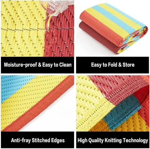 Miniatura 6 de HUGEAR Alfombra Impermeable para Exteriores 5'x8' Alfombras de Paja de Plástico Lavable Reversible Tapete de Piso a Rayas Arcoíris para Camping