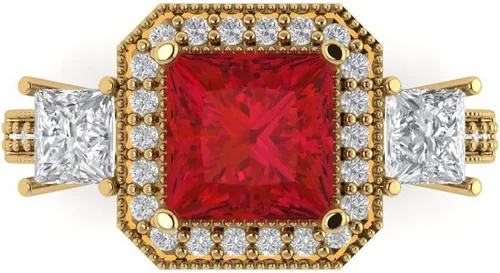 Clara Pucci 3.03 Cojín de corte princesa halo solitario 3 piedra acento impresionante genuino impecable imitación rubí gema diseñador moderno anillo