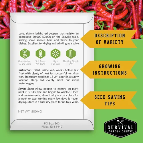 Miniatura 2 de Semillas de pimienta de cayena para plantar Variedad de reliquia caliente con 30,000 a 50,000 Scoville Heat - Semillas de jardín de supervivencia