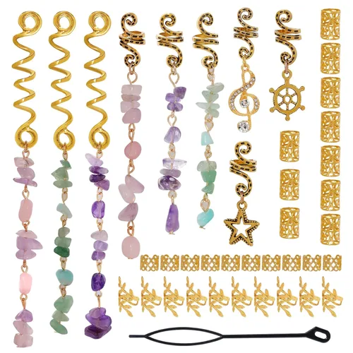 Miniatura 10 de hoyuwak - 40 accesorios para el cabello con piedra de cristal de color natural, dijes metálicos para el cabello, espirales de rastas plateadas