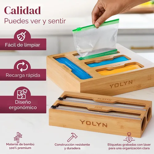 Miniatura 5 de Organizador de bolsas de almacenamiento de cocina de bambú, organizador de cajones con dispensador de aluminio, organizador de bambú para bolsas