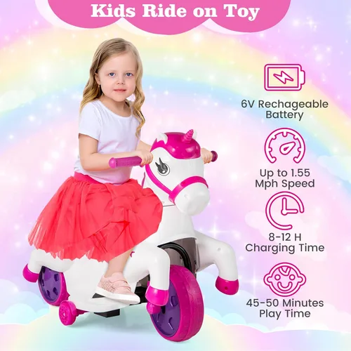 Miniatura 4 de OLAKIDS 2 en 1 motocicleta y caballo, unicornio de 6 V, juguete de paseo con batería con función de arriba y abajo, MP3, pantalla de potencia, Rosa
