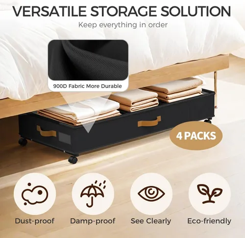 Miniatura 4 de Almacenamiento Debajo de la Cama con Ruedas Paquete de 4, 75L XXL Contenedores de Almacenamiento Debajo de la Cama Grandes, 30 cm de Alto negro