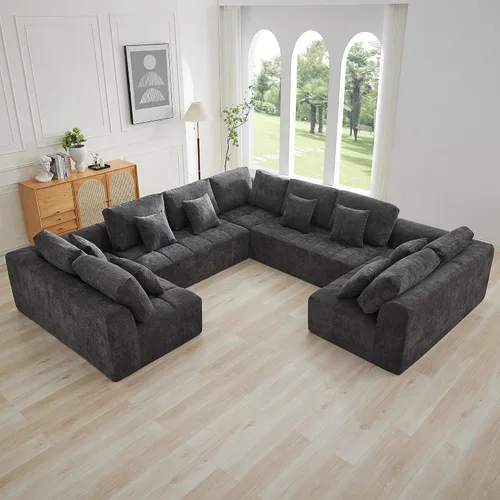 Sofás modulares deshuesados de 140 pulgadas para sala de estar, sofá modular modular de nube comprimida, sofá moderno en forma de U de 9 plazas Gris