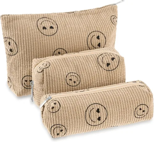 Miniatura 16 de Huhumy Juego de 3 bolsas de maquillaje para mujeres, bolsa cosmética de pana con sonrisa estética, bolsa de viaje para artículos de tocador, linda