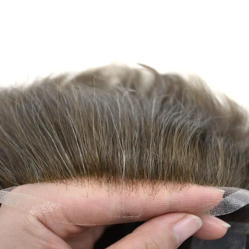 Miniatura 37 de Toupee para hombres, sistema de reemplazo de cabello humano Remy, nudos blanqueados, encaje frontal, piel fina, para hombre, color gris, pelucas