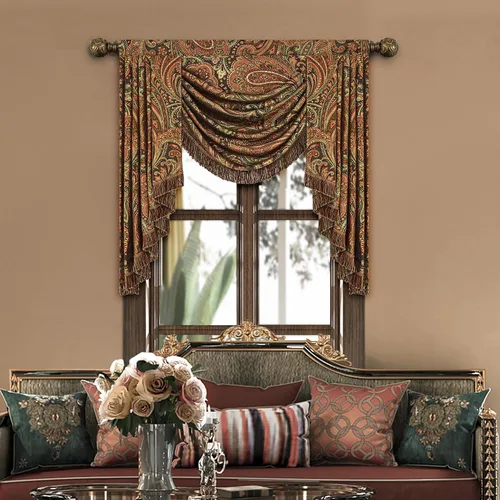 Miniatura 34 de Loom and Mill Cenefa de cascada de lujo de jacquard para sala de estar, elegantes cenefas de ventana con festones y cuentas damascadas, cortinas