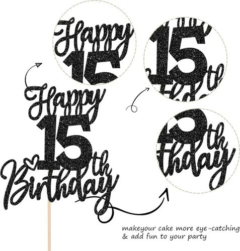 Miniatura 3 de 1 pieza Decoración de pastel de feliz 15 cumpleaños, decoración de pastel de cumpleaños de brillo, Felicidades a los 15 años, decoración de pastel