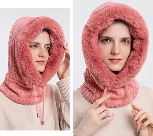 Miniatura 3 de Gorro de forro polar holgado de una pieza para mujer, bufanda con cordón, cálido, con capucha, pasamontañas de invierno