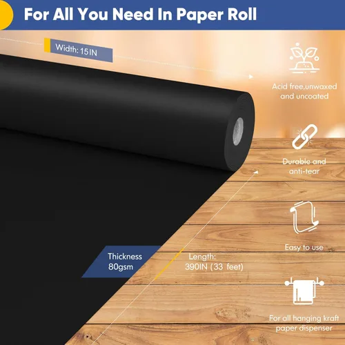 Miniatura 2 de Vanhench Papel de manualidades negro de 15 x 390 pulgadas para envolver o póster, tablero de anuncios, papel de construcción, perfecto