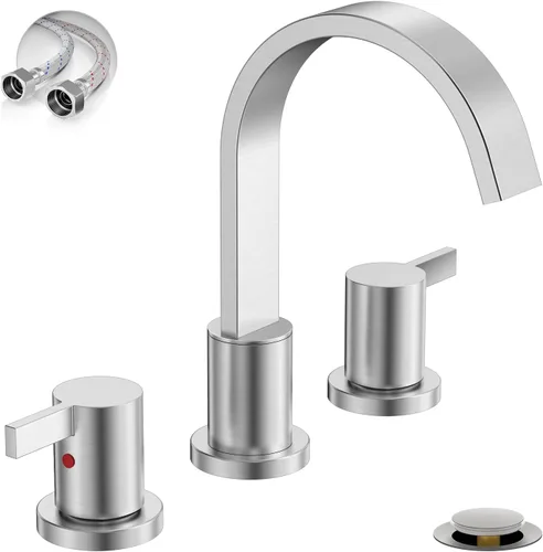 Miniatura 10 de Phiestina Grifo de lavabo de baño de oro cepillado generalizado de 8 pulgadas con 3 agujeros y 2 manijas con drenaje emergente de metal, WF040-1-BG