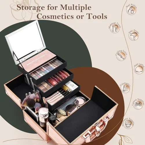 Miniatura 2 de FRENESSA Estuche de Maquillaje de 11.8 Pulgadas Estuche Organizador de Maquillaje Caja Grande de Cosméticos con Espejo Portátil 3 Bandejas Caja