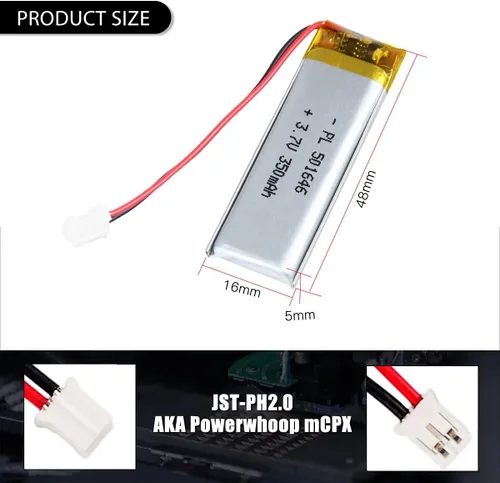 Miniatura 2 de 501646 Batería Lipo de 3.7V 350mAh 501646 Cargable Paquete de Batería de Polímero de Litio con Conector JST PH2.0mm para Dispositivo Electrónico