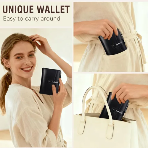 Miniatura 5 de Cartera pequeña para mujer, billetera de cuero plegable con bloqueo RFID, bolsillo con cremallera, ventana de identificación para mujeres y niñas