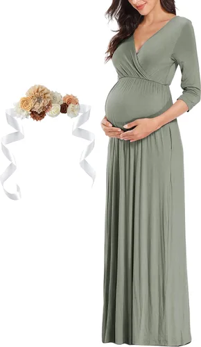 Miniatura 3 de Kim S Vestido largo de maternidad con banda de flores (S-3XL), vestido de fiesta baby shower con cuello en V fruncido