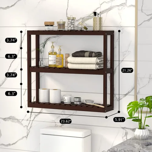 Miniatura 3 de Estante Domax de bambú para baño, 3 niveles de montaje en pared, multifuncional, capa ajustable, de pie, para colocar por encima del inodoro, Marrón