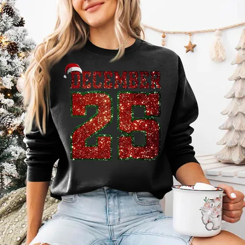 Miniatura 5 de Sudaderas navideñas para mujer, camisetas divertidas festivas del 25 de diciembre, letras con purpurina de moda, tallas S-3XL