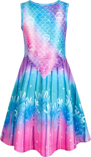 Miniatura 2 de Funnycokid Vestido de sirena para niñas y niños, vestido de verano sin mangas, traje de cumpleaños, ropa de fiesta de 4 a 13 años