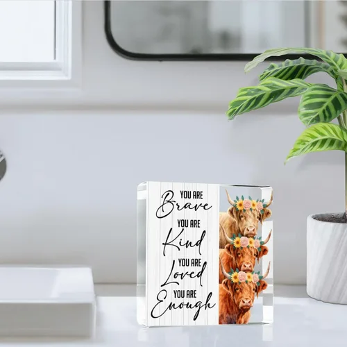 Miniatura 6 de Highland Cow Gifts - Letrero acrílico con texto en inglés "You are Brave Kind Loved Enough Positive Inspirador Highland Cow Regalos para Amigos