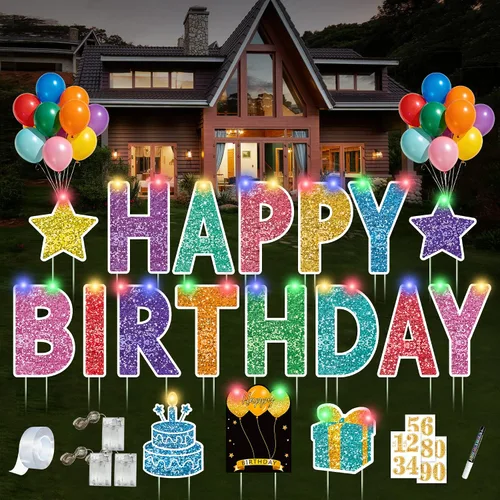 Miniatura 8 de Letrero de feliz cumpleaños con estacas, 18 piezas de letrero negro de feliz cumpleaños con luz LED de 49.2 pies, letrero grande personalizado