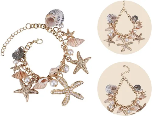Miniatura 3 de PH PandaHall Pulseras de concha de estrella de mar, pulsera de perlas de imitación de concha de estrella de mar, pulsera bohemia ajustable de concha