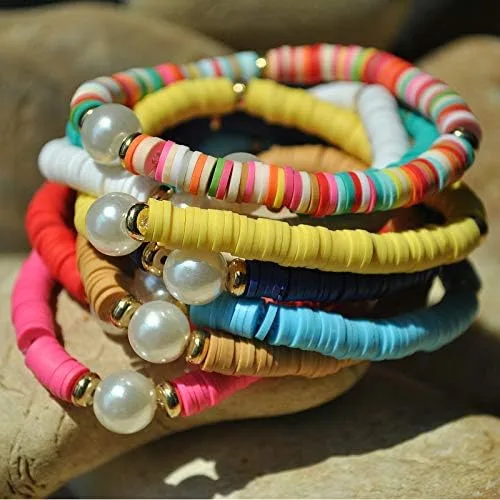 Miniatura 4 de The Woo's Bohemio Polímero Arcilla Pulsera de Discos Pulsera hecha a mano con cuentas ajustables, cuerda elástica y cuentas multicolores, pulsera