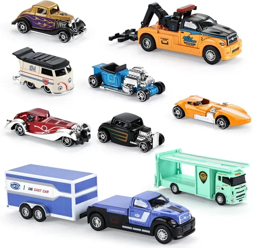haomsj Juguetes de coche para niños, 9 piezas, camión de remolque de juguete y vehículo de transporte urbano, camión de transporte con autos de