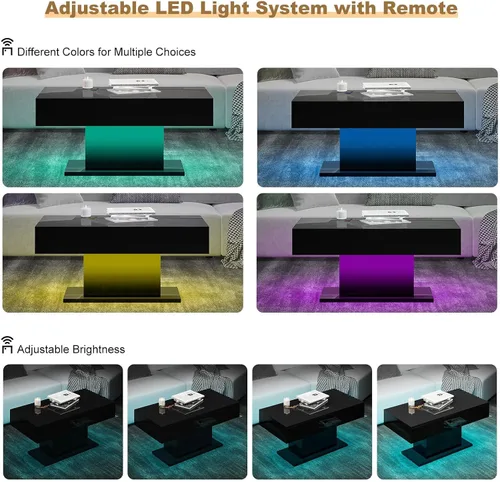 Miniatura 3 de HedoAjim - Mesa de café LED para sala de estar, mesa rectangular central de sala de estar, mesas de café modernas de madera con alto brillo y luces