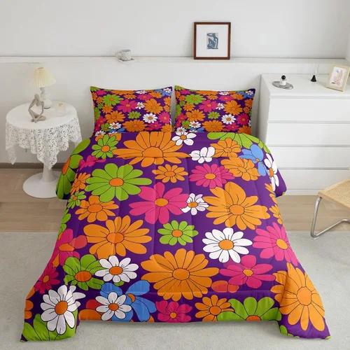 Miniatura 19 de Juego de ropa de cama con estampado floral bohemio, tamaño individual, diseño retro de flores groovy, 60S y 70S, juego de edredón de flores hippie