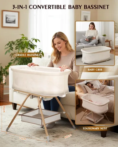 Miniatura 2 de Cuna de bebé 3 en 1, moisés mecedora para bebé con diseño de malla y colchón suave, moisés para recién nacido, nido portátil con cesta de Beige
