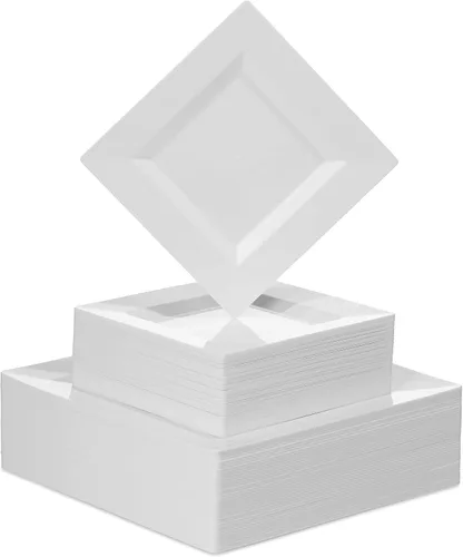 BloominGoods 100 platos cuadrados desechables de plástico blanco, paquete de 100 platos cuadrados de plástico de 6.5 y 10 pulgadas de alta calidad,