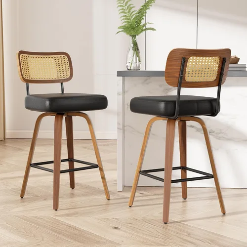 Miniatura 39 de Juego de 1 taburete de bar giratorio, taburetes de bar tapizados de 26" de altura para encimera con respaldo de nogal y patas de madera curvada