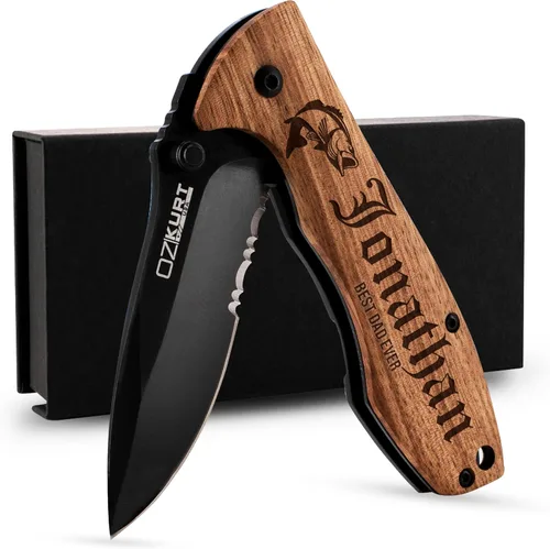 Regalos para hombres, cuchillo de bolsillo de madera de roble grabado personalizado - 36 iconos, 20 fuentes elegantes - Cuchillos de bolsillo