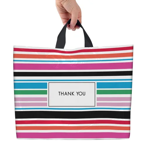 Purple Q Crafts Bolsas de plástico a rayas de 15 pulgadas de ancho x 12 pulgadas de alto, paquete de 50 bolsas de compras para boutique con asa de