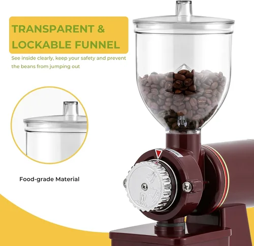 Miniatura 6 de Molinillo de café Burr – Molinillo eléctrico de espresso para uso doméstico y comercial, silencioso y ajustable, con tolva, cepillo, cuchara, rojo
