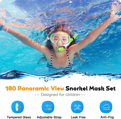 Miniatura 2 de Seovediary Juego de esnórquel para niños, máscara de esnórquel panorámica antivaho de vidrio templado para niños, máscara de buceo antifugas