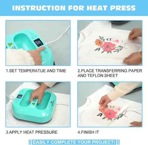 Miniatura 4 de MECOLOUR Máquina de prensa de calor para camisetas, prensa de calor portátil de 9 x 9 pulgadas con alfombrilla de prensa de calor, teflón de PTFE