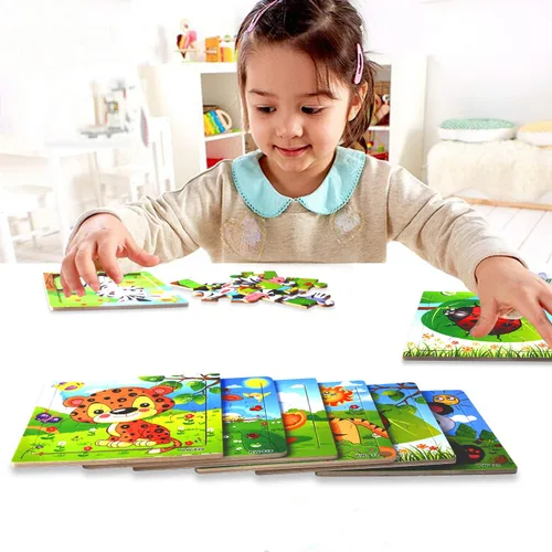 Miniatura 7 de SANNIX Paquete de 12 rompecabezas para niños pequeños, rompecabezas de animales de madera, 9 piezas con 12 bolsas organizadoras para niños de 2, 3