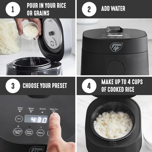 Miniatura 6 de GreenLife Arrocera digital, 2 tazas sin cocinar/4 tazas cocidas, olla de cerámica antiadherente extraíble sin PFAS, preajustes de un solo toque