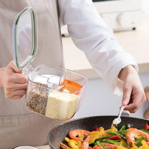 Miniatura 4 de Caja transparente de marca, juego de recipientes sellados de 4 compartimentos con tapa, cubierta y cucharas de servir, tarros de plástico