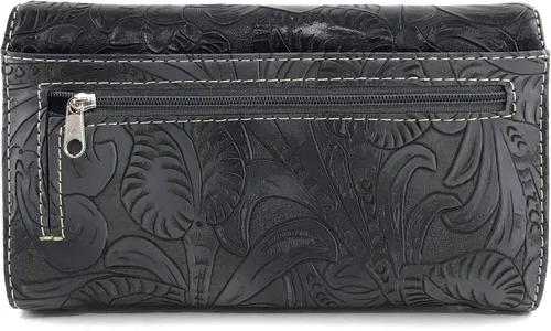 Miniatura 4 de Zelris Floral Western Pu Tooled Cuero Turquesa Concho Plumas Crossbody Cartera Trifold, Negro