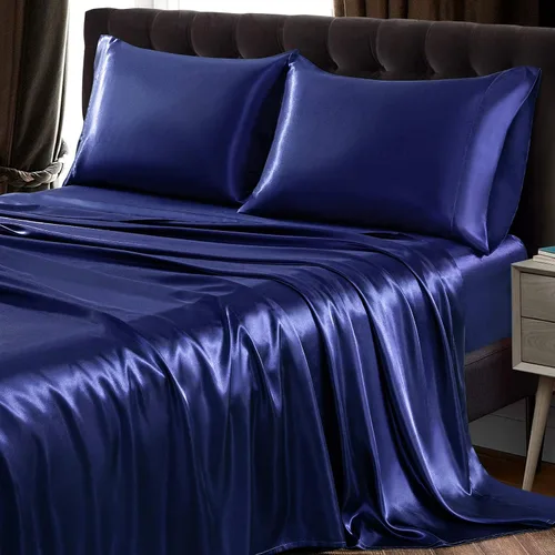 Miniatura 2 de SiinvdaBZX Juego de sábanas de satén de 4 piezas tamaño King, ultra sedosas y suaves, sábanas de cama King de satén azul marino con bolsillo