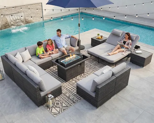 Miniatura 69 de NICESOUL Juego de muebles de patio para exteriores de 7 piezas con mesa para hoguera, gas natural y propano convertible, respaldo alto de 29.3
