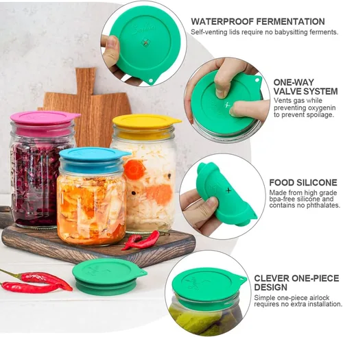 Miniatura 4 de Sophico Tapas de fermentación de silicona, tapas de fermentación sin agua con tapa de tarro Mason para pepinillos, kimchi y alimentos probióticos