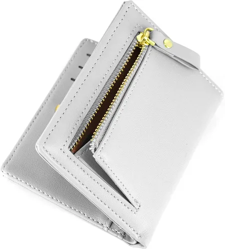 SUMGOGO Cartera pequeña para mujer, delgada, de piel, con tarjetero RFID, plegable, corto, con cremallera, bolsillo frontal, Gris, Minimalista