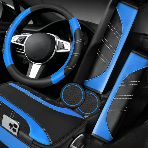 Miniatura 14 de NBTEPEM Juego de 6 accesorios de automóvil beige, funda de cuero deportivo para volante de 14.5 a 15 pulgadas, universal, funda de cuero