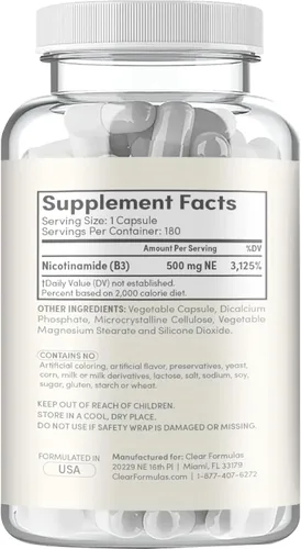 Miniatura 3 de Vitamina B3 Nicotinamida 500 mg – Forma de alta absorción de vitamina B3 Niacina sin enjuague para oír la piel, cerebro y apoyo energético