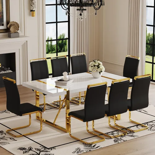 Miniatura 23 de Mesa de comedor Ebullient para 4, mesa de comedor rectangular negra de MDF, tapa de mesa de cena de mármol falso, mesa de comedor moderna con marco