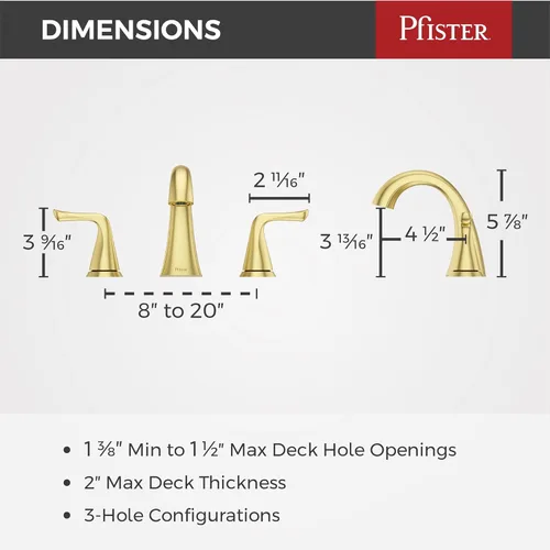 Miniatura 3 de Grifo Pfister Willa para lavabo de baño, 8 pulgadas de separación amplia, 2 manijas, 3 orificios, certificado NSF, acabado dorado cepillado, Oro